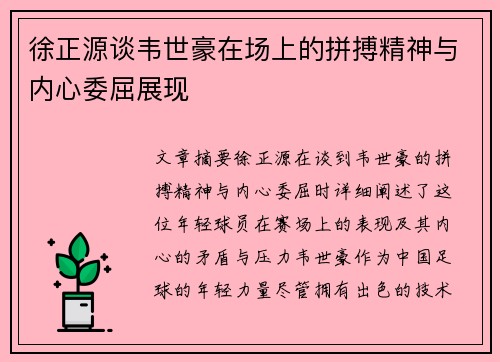 徐正源谈韦世豪在场上的拼搏精神与内心委屈展现