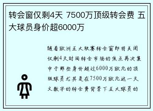 转会窗仅剩4天 7500万顶级转会费 五大球员身价超6000万