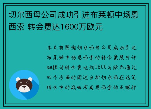 切尔西母公司成功引进布莱顿中场恩西索 转会费达1600万欧元