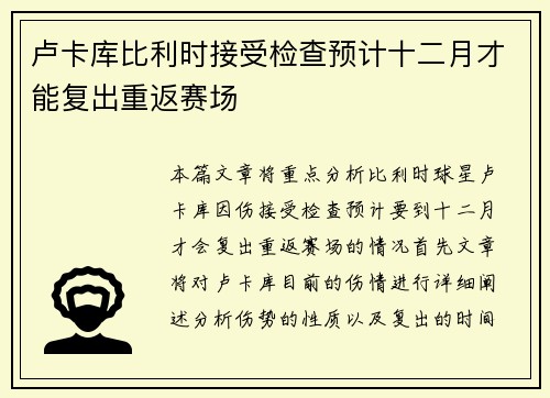 卢卡库比利时接受检查预计十二月才能复出重返赛场